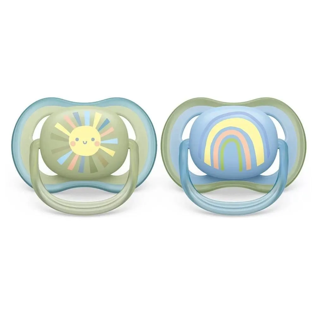 Комплект от 2 бр. ортодонтични залъгалки Philips AVENT SCF085/58 Ultra Air 0-6м, сини с декорация Слънце и Дъга, в кутия за стерилизиране