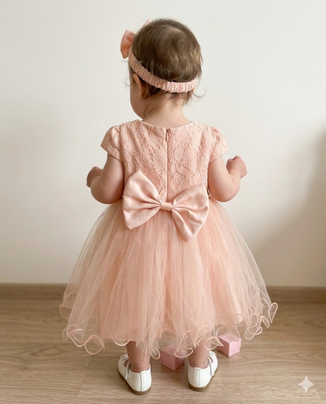 Рокля с дантела и тюл в нежен прасковен нюанс