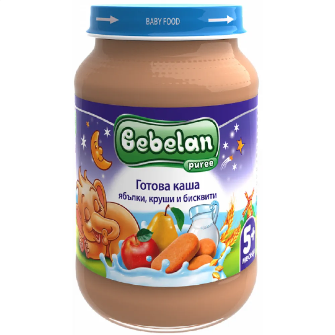 BEBELAN Млечна каша ябълки, круши и бисквити 5м. 190г