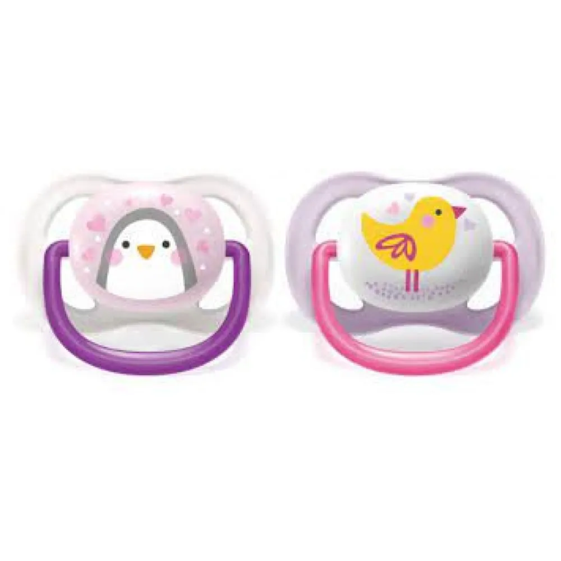 AVENT Залъгалки ULTRA AIR Happy + стерилизаторна кутия 0-6м 2бр./оп. - момиче - пингвин/птица