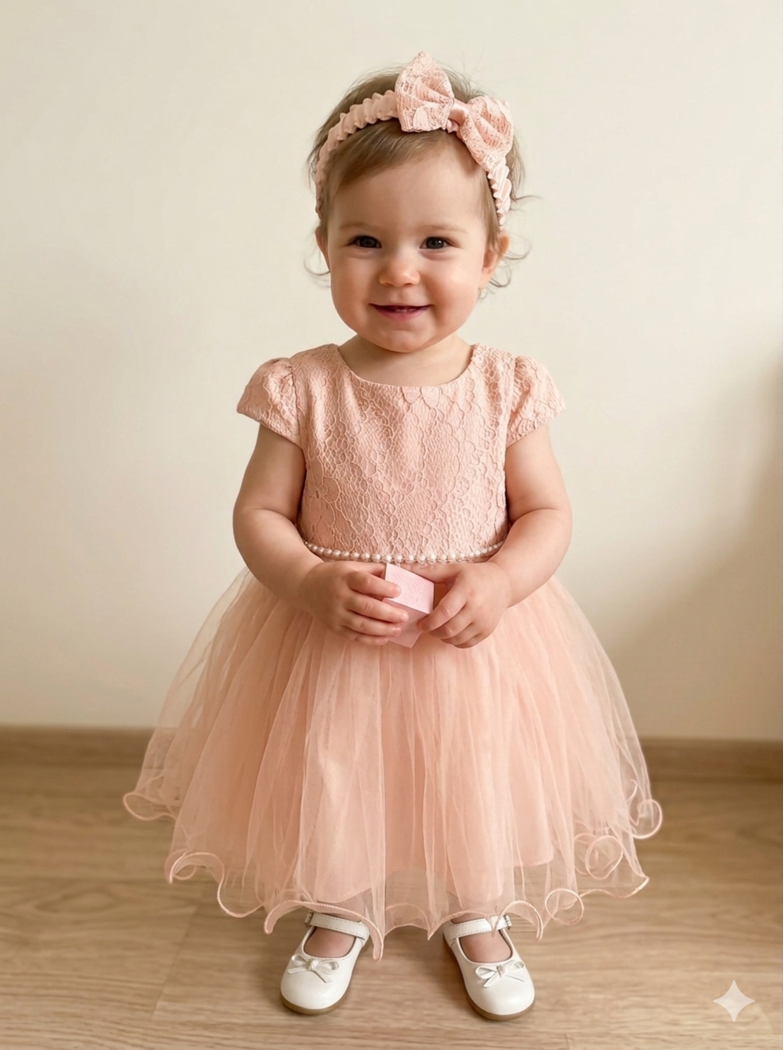 Рокля с дантела и тюл в нежен прасковен нюанс