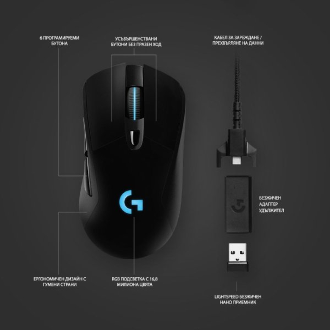 Гейминг мишка Logitech - G703 Lightspeed Hero, оптична, безжична, черна