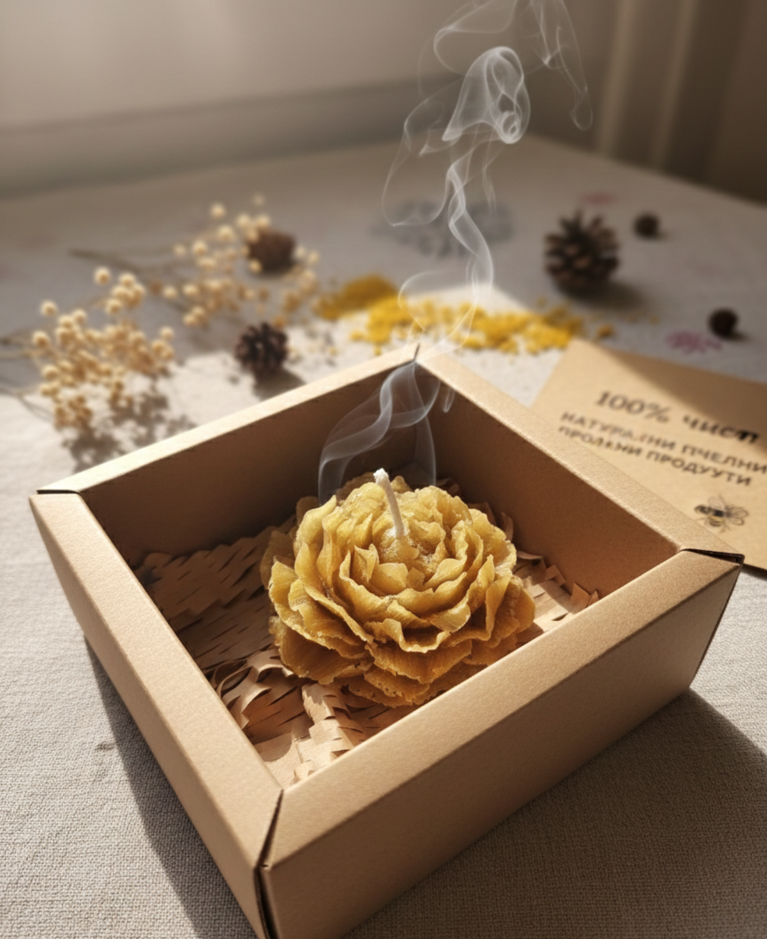 Ръчно изработена свещ от пчелен восък „Цъфнал Божур“ (в подаръчна кутия)