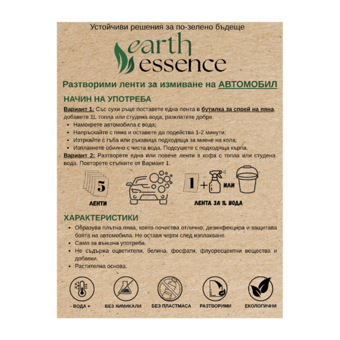 Earth Essence Разтворими ленти за измиване на АВТОМОБИЛ, 5 бр.