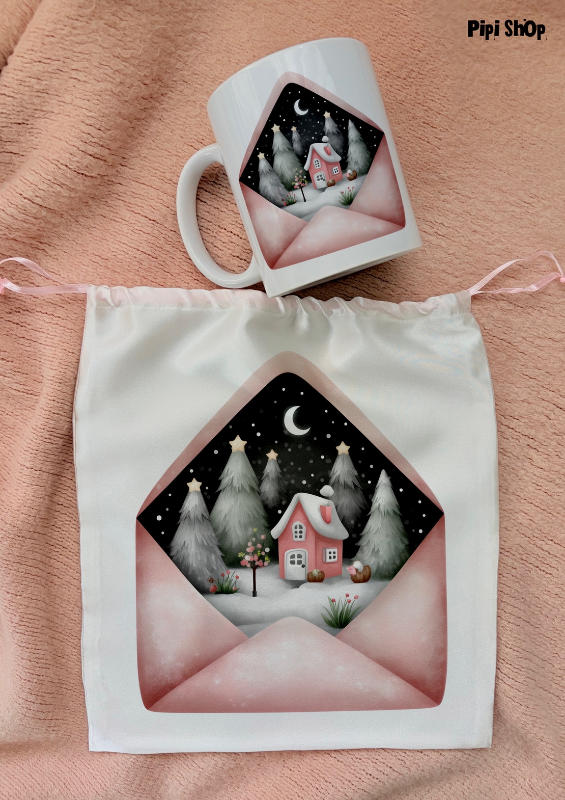 Коледен сет от сатенена торбичка и чаша  