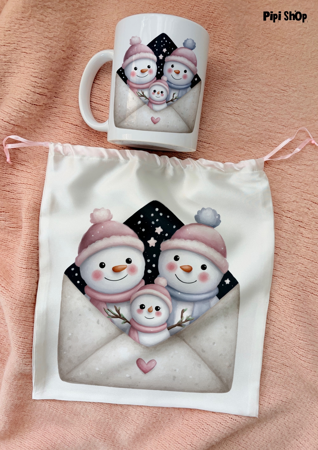 Коледен сет от сатенена торбичка и чаша  