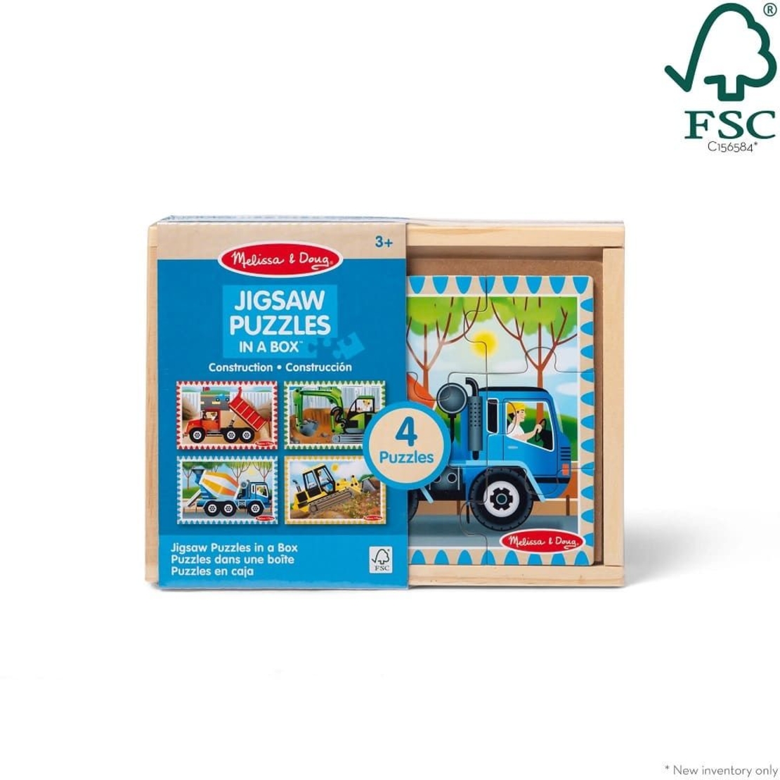 Комплект дървен пъзел Melissa and Doug Строителни превозни средства, 4x12 ч., в кутия, 50210