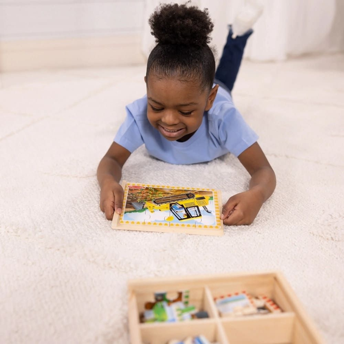 Комплект дървен пъзел Melissa and Doug Строителни превозни средства, 4x12 ч., в кутия, 50210