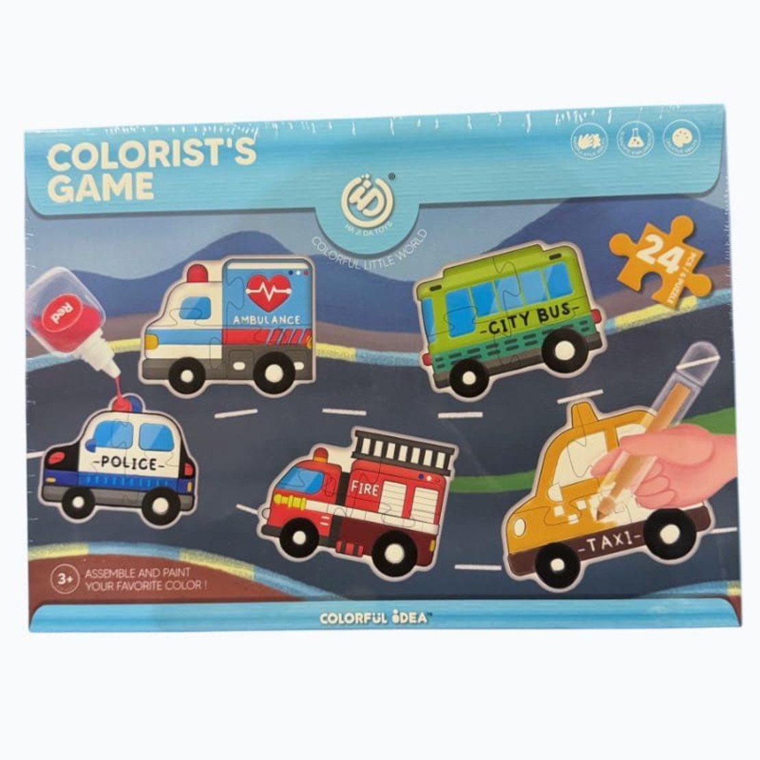 Комплект 6 броя пъзели Raya Toys Cars, 24 ч. с аксесоари за оцветяване