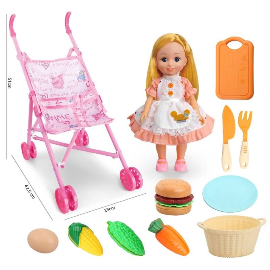 Кукла с количка Raya Toys с аксесоари, 12 части