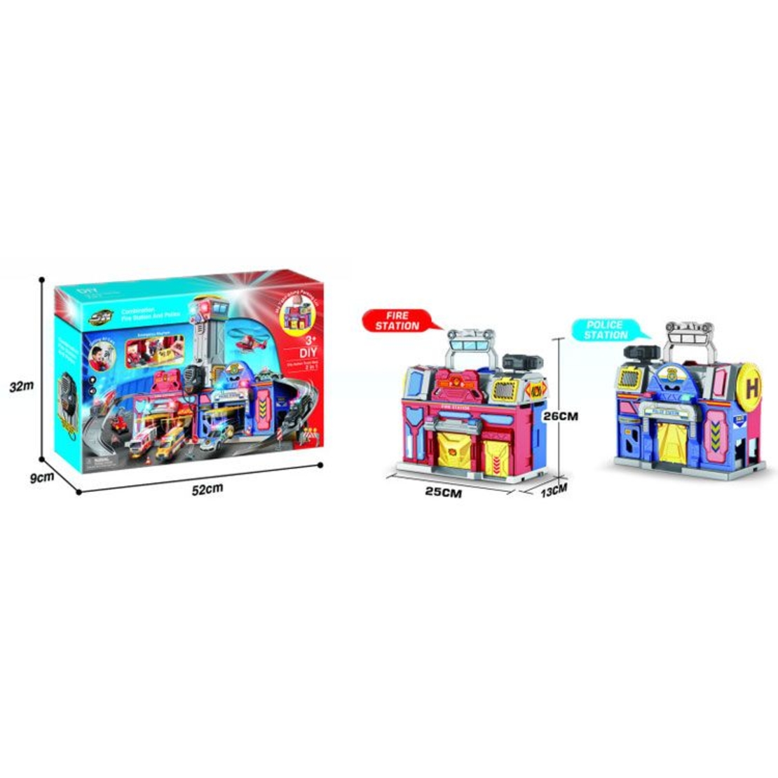 Детски паркинг Raya Toys Пожарна и Полиция със светлини и звуци, с 2 превозни средства