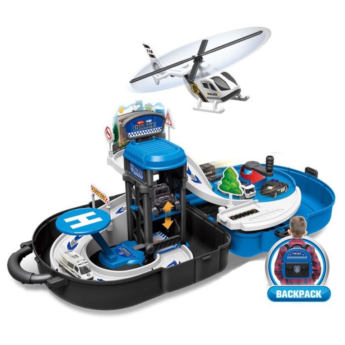 Детски паркинг с кола и хеликоптер Raya Toys Police, в раница