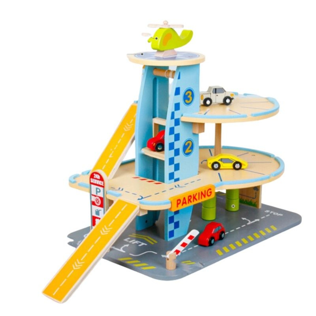 Дървен детски паркинг Raya Toys с коли и хеликоптер, 28 части