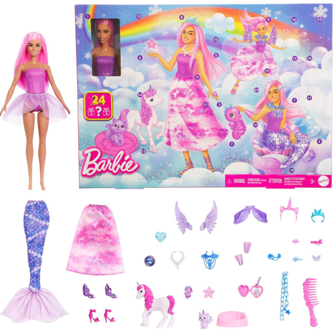 Игрален комплект Mattel Barbie Advent Calendar Dreamtopia, кукла с 24 бр. аксесоари, JFL66