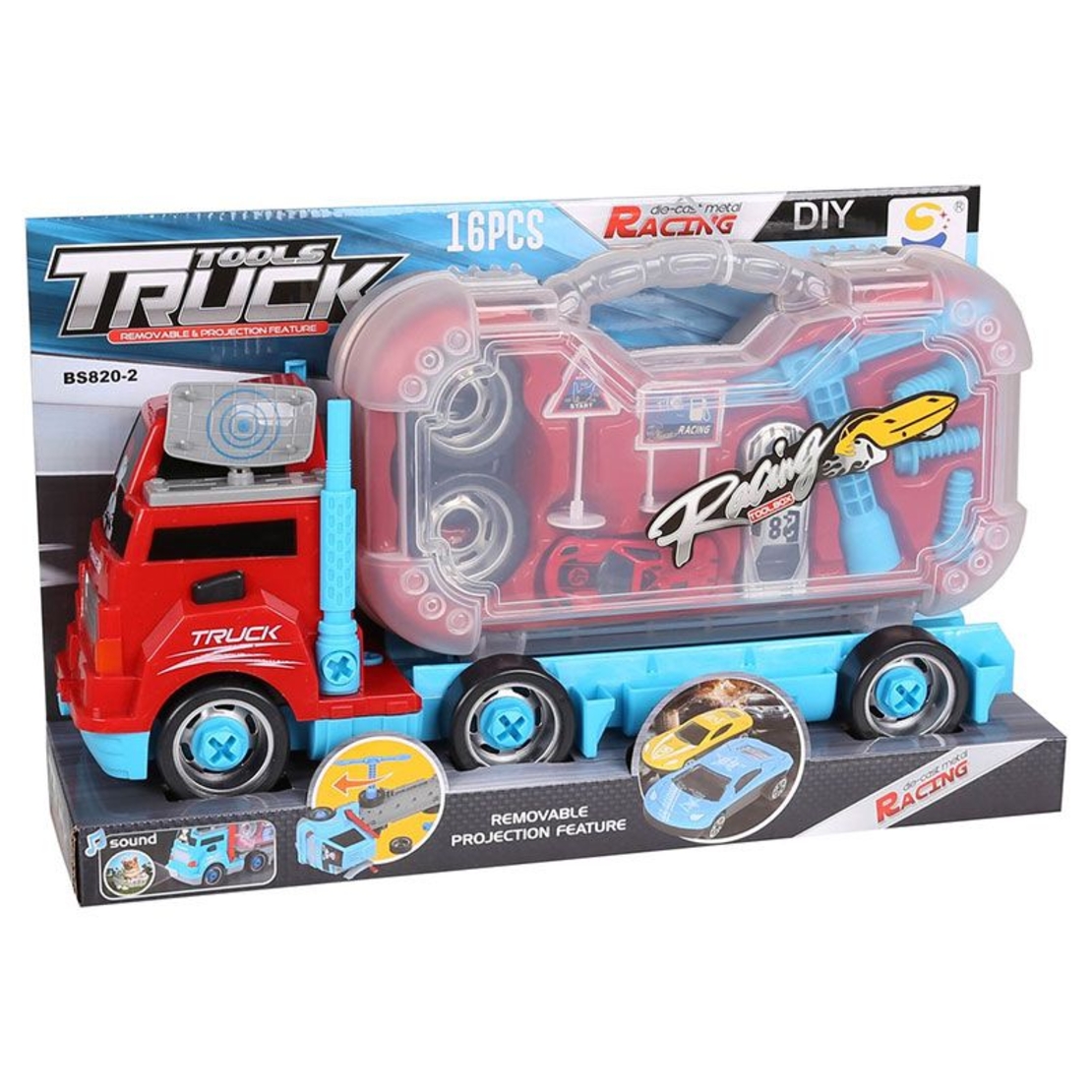 Детски камион с куфар Raya Toys с инструменти и коли, със звуци и светлини