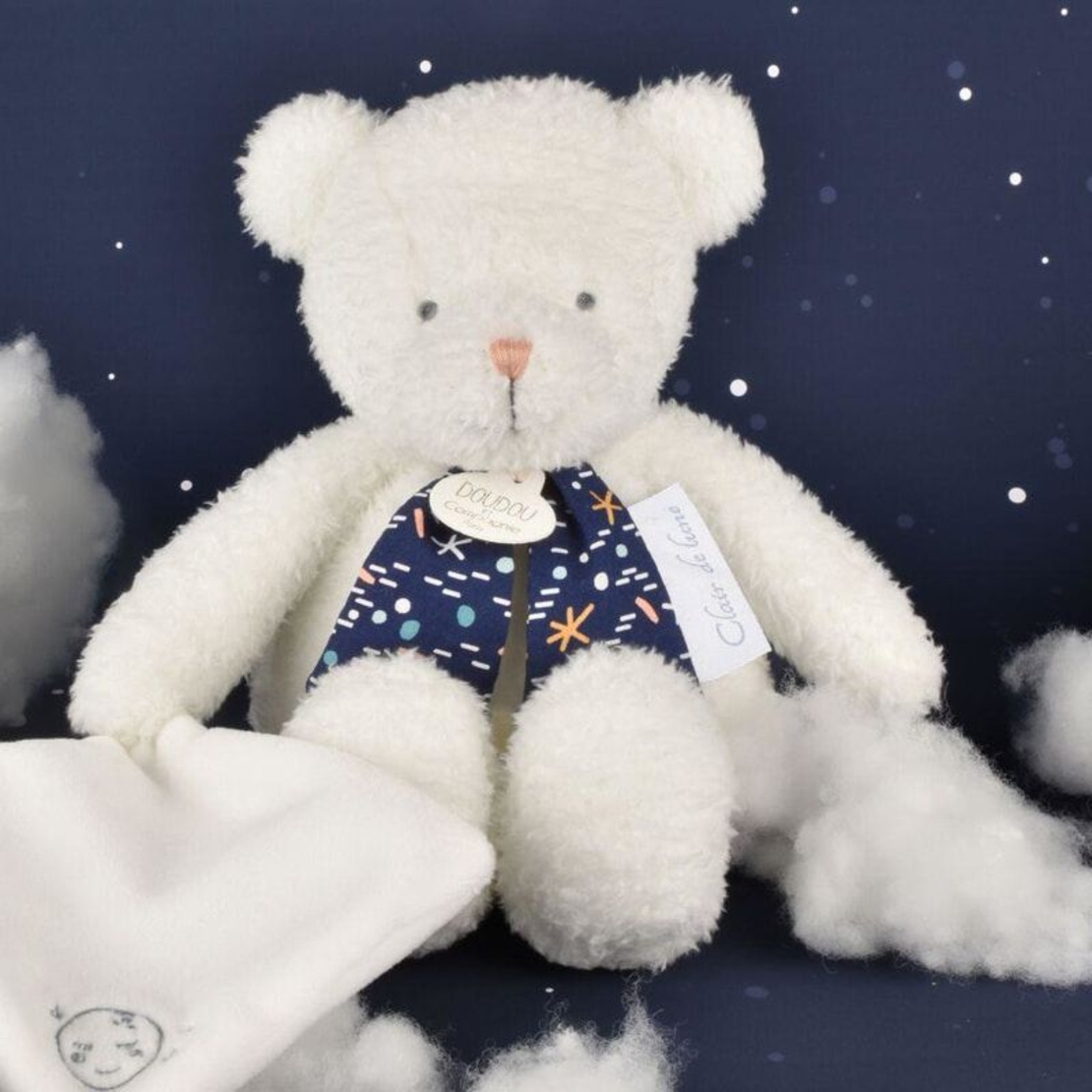 Плюшено мече Doudou Cleir de lune, светещо в тъмното, с кърпичка, 30 см.