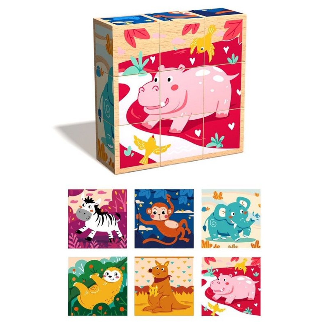 Дървени кубчета пъзел 6 в 1 Raya Toys Животни и Превозни средства