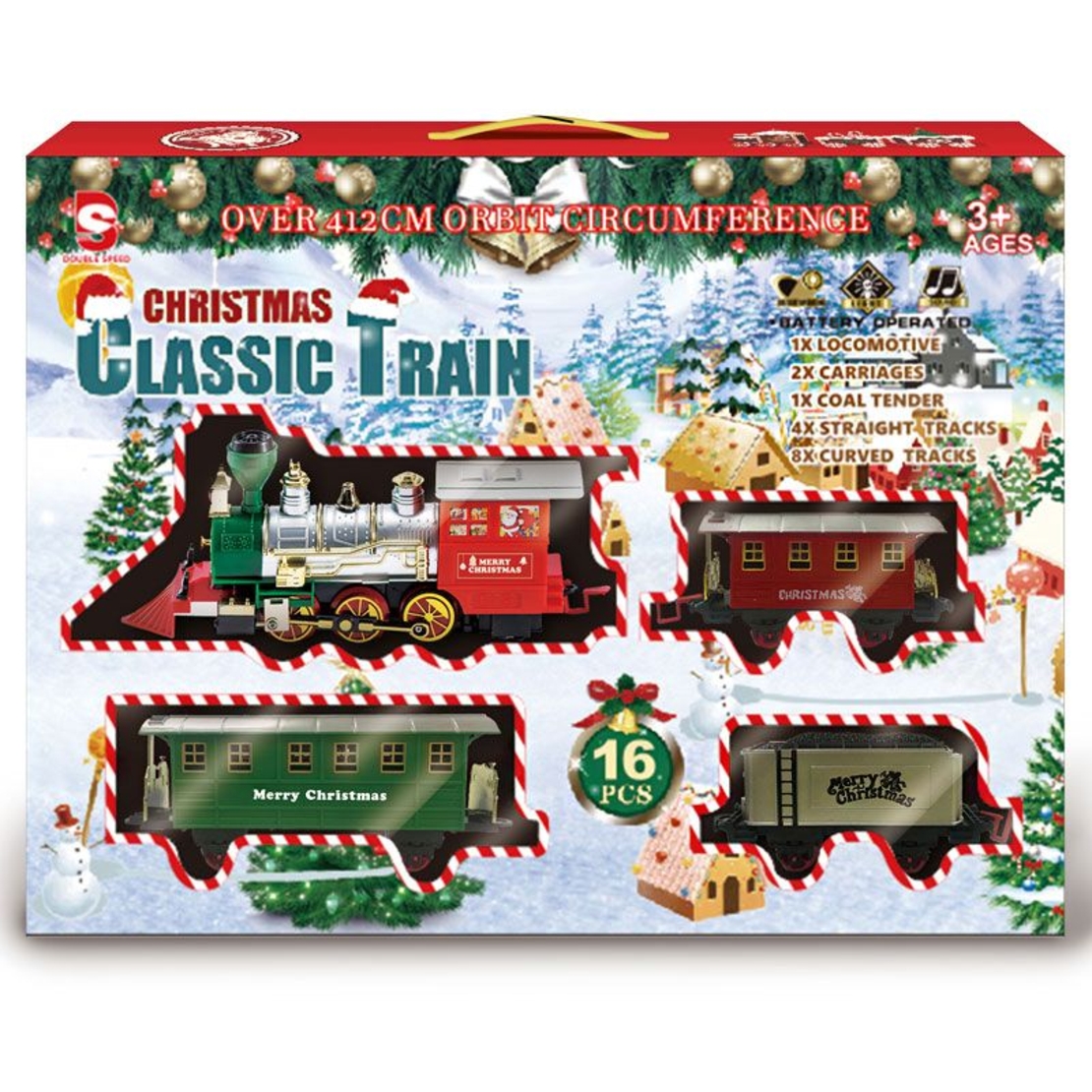 Коледно детско влакче Raya Toys Christmas Classic Train с релси, звук и светлини
