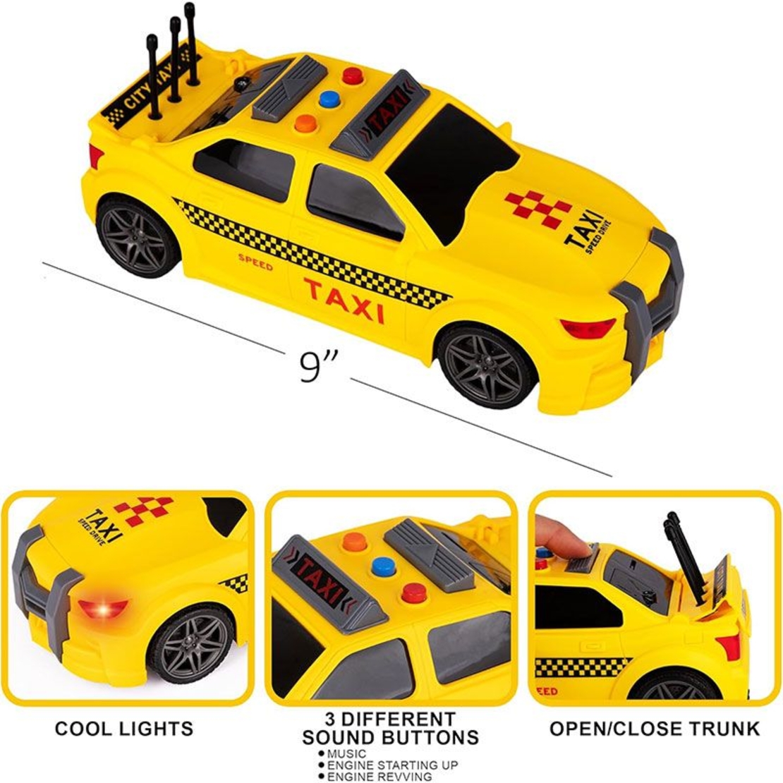 Детска кола за игра Raya Toys Такси с музика и светлини, Жълт, 1:16