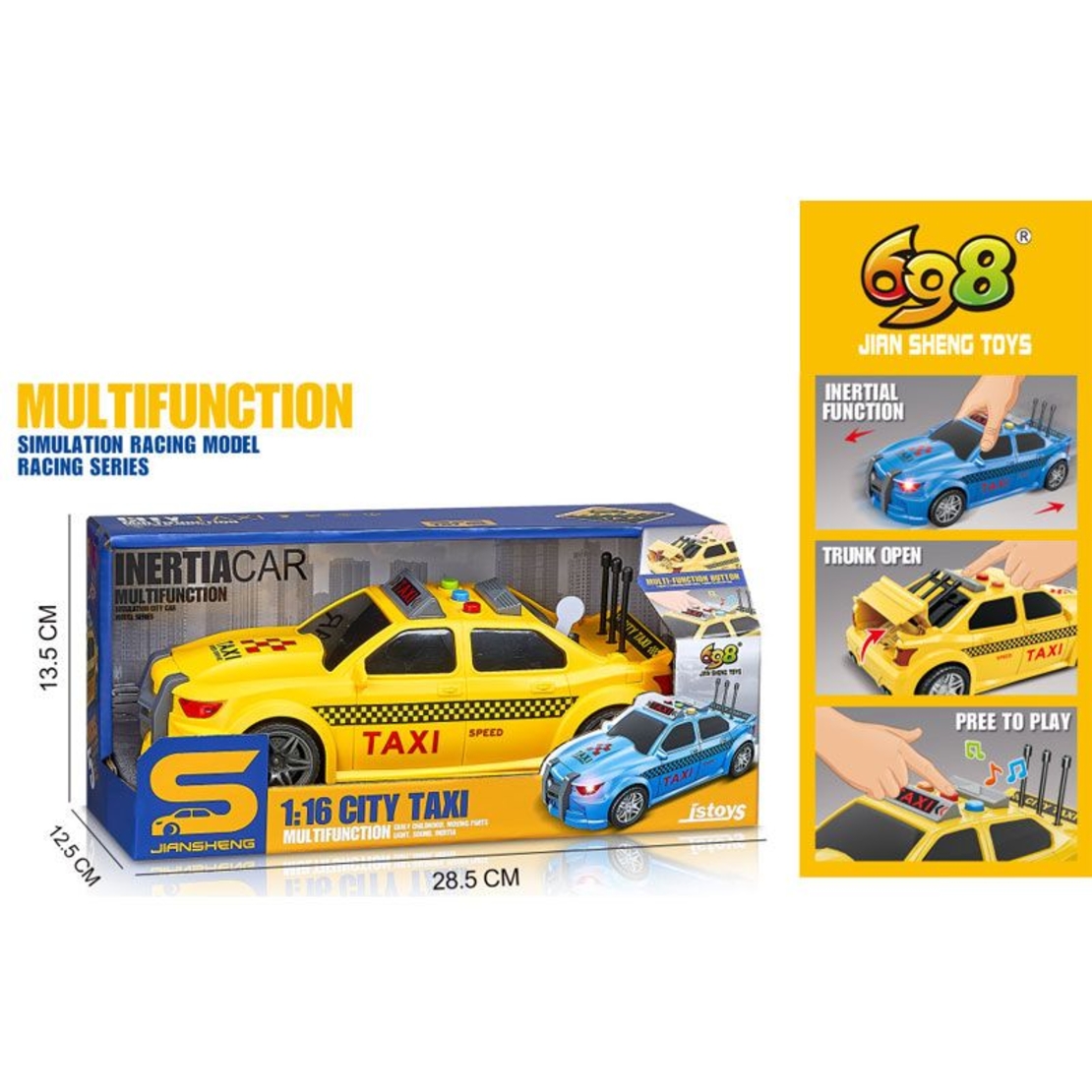 Детска кола за игра Raya Toys Такси с музика и светлини, Жълт, 1:16