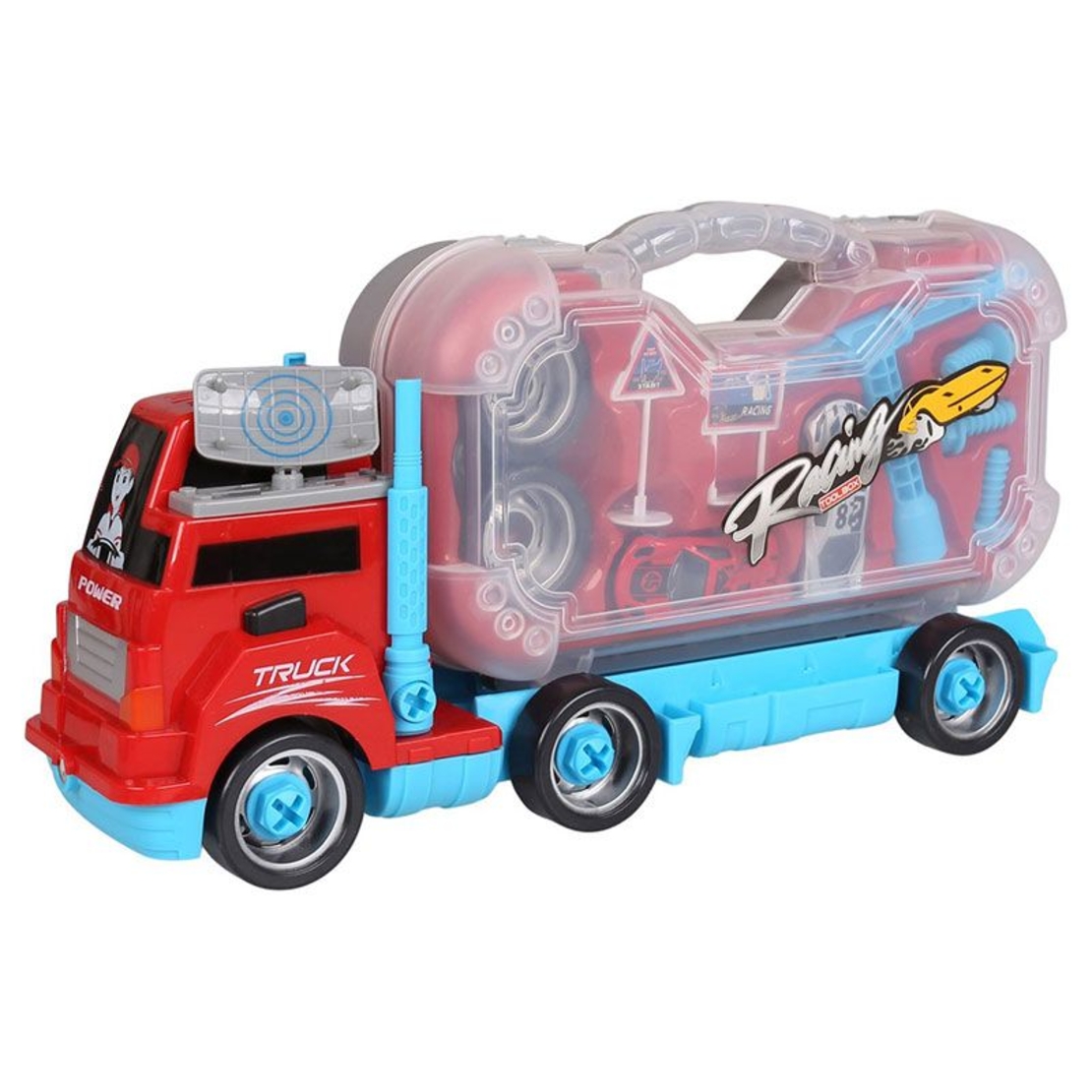 Детски камион с куфар Raya Toys с инструменти и коли, със звуци и светлини