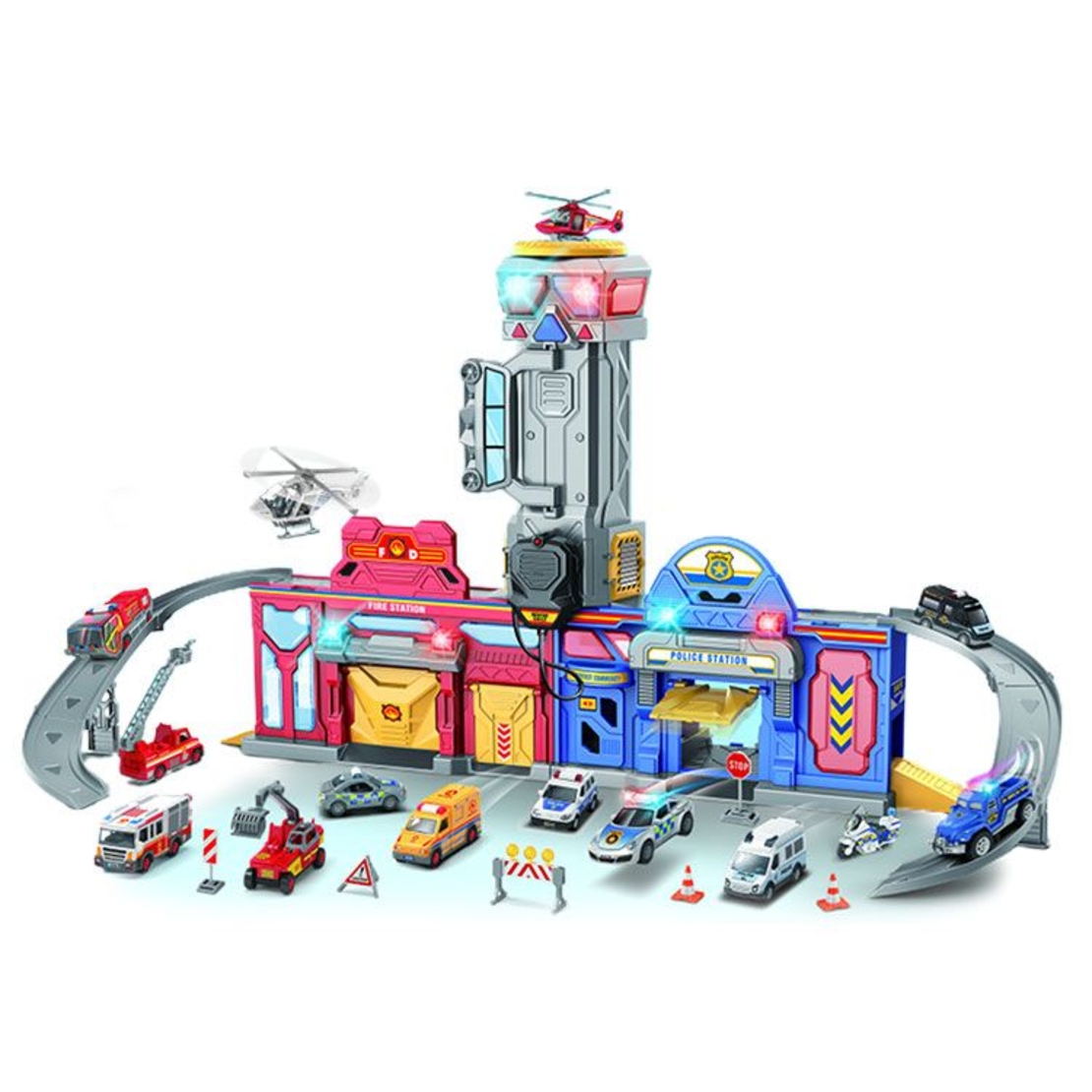 Детски паркинг Raya Toys Пожарна и Полиция със светлини и звуци, с 2 превозни средства