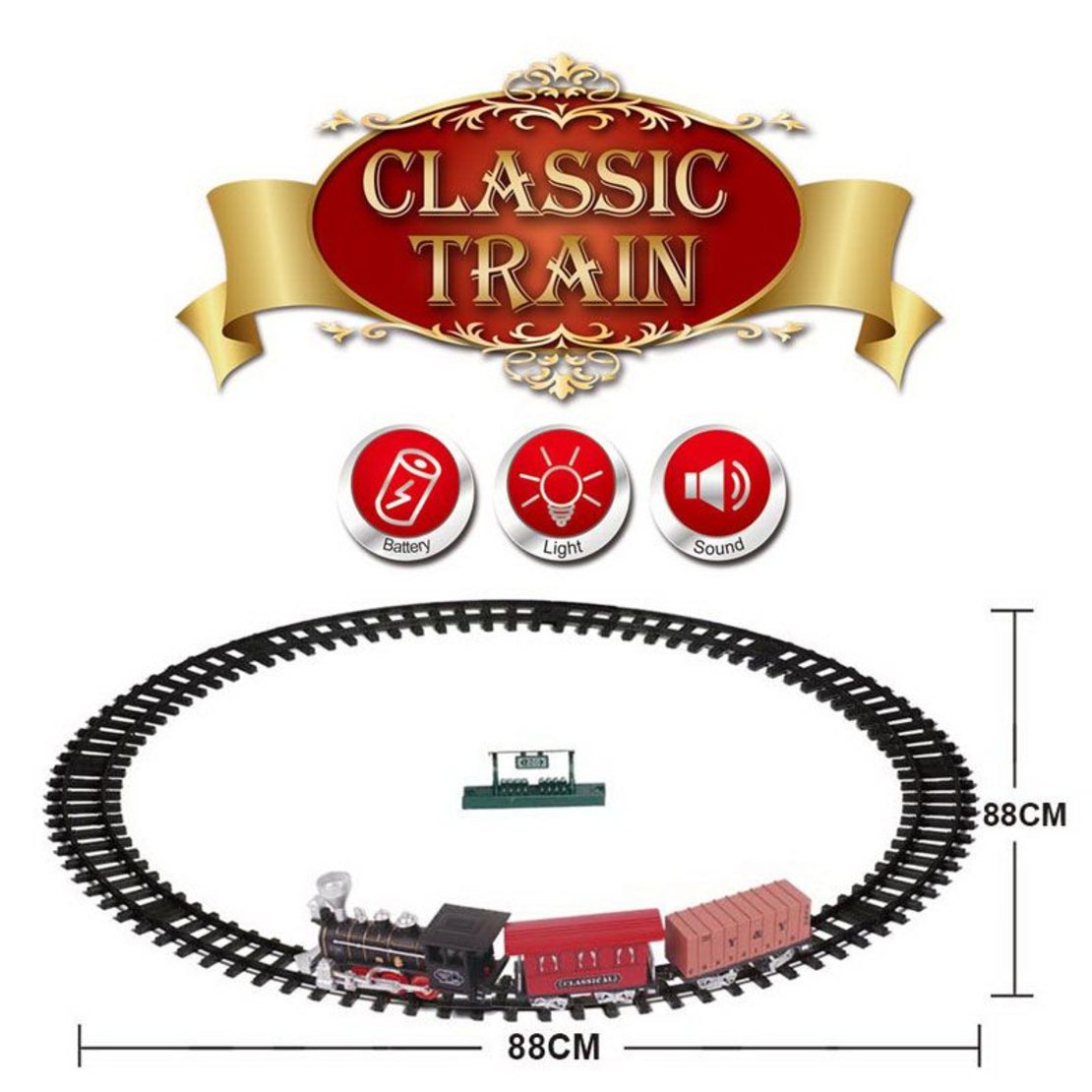Детско влакче с релси Raya Toys Classic Train, със звук и светлини, 12 части