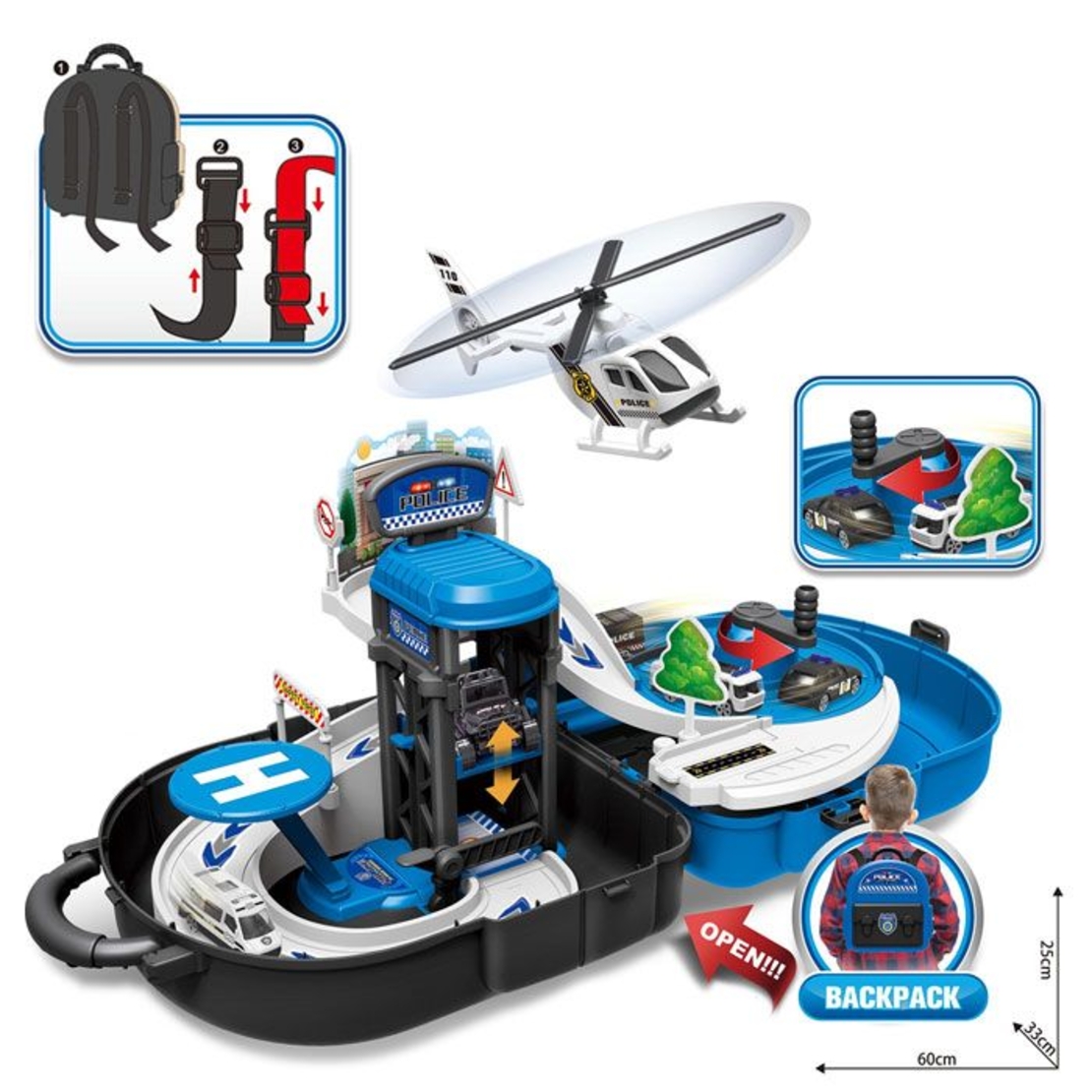 Детски паркинг с кола и хеликоптер Raya Toys Police, в раница