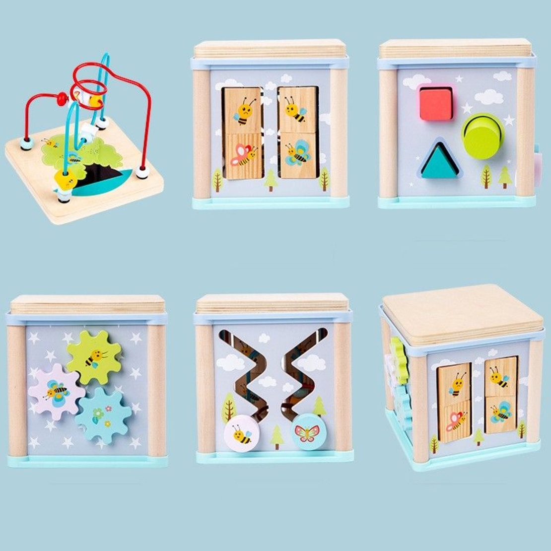 Бебешка играчка 6в1 Raya Toys Дървено кубче активити