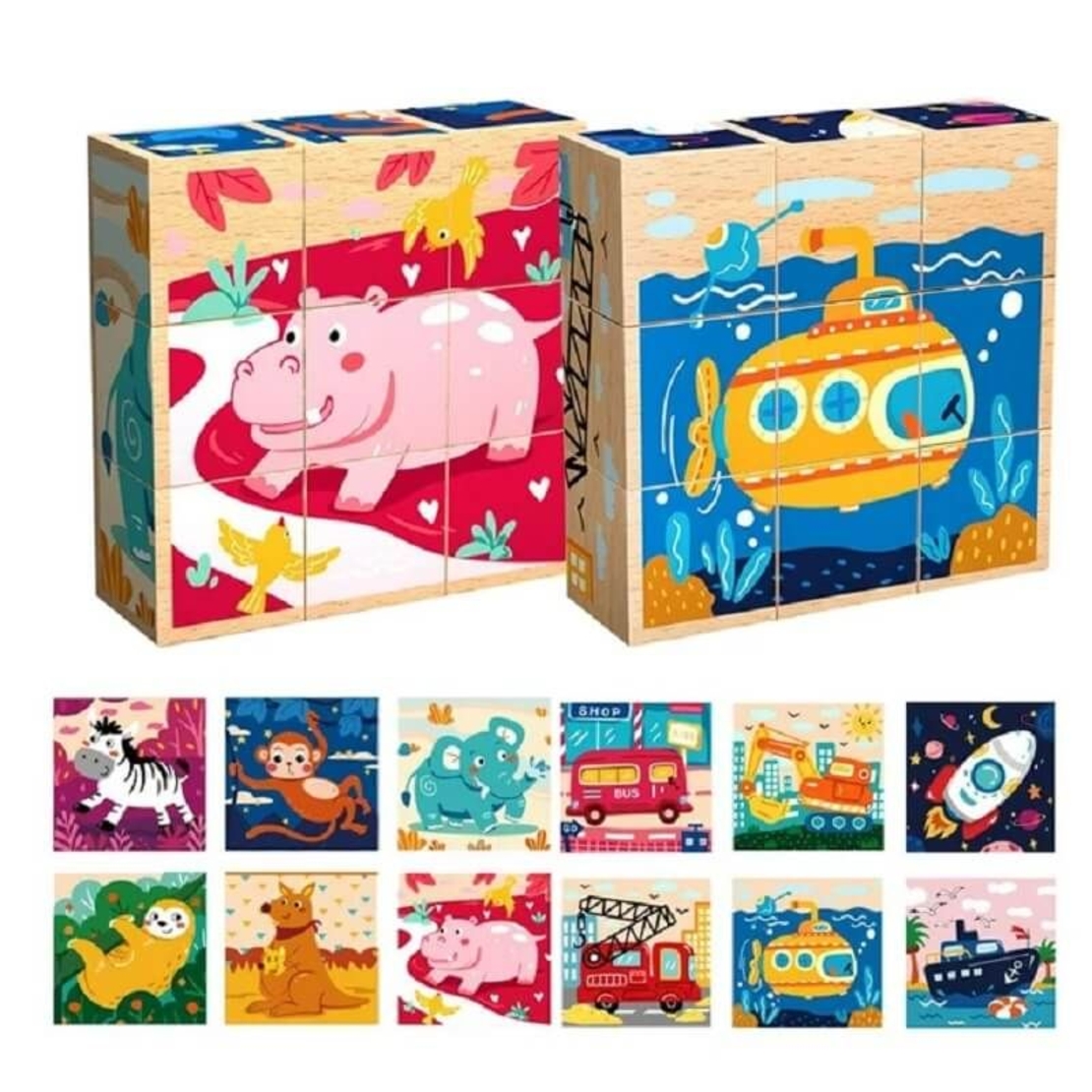 Дървени кубчета пъзел 6 в 1 Raya Toys Животни и Превозни средства