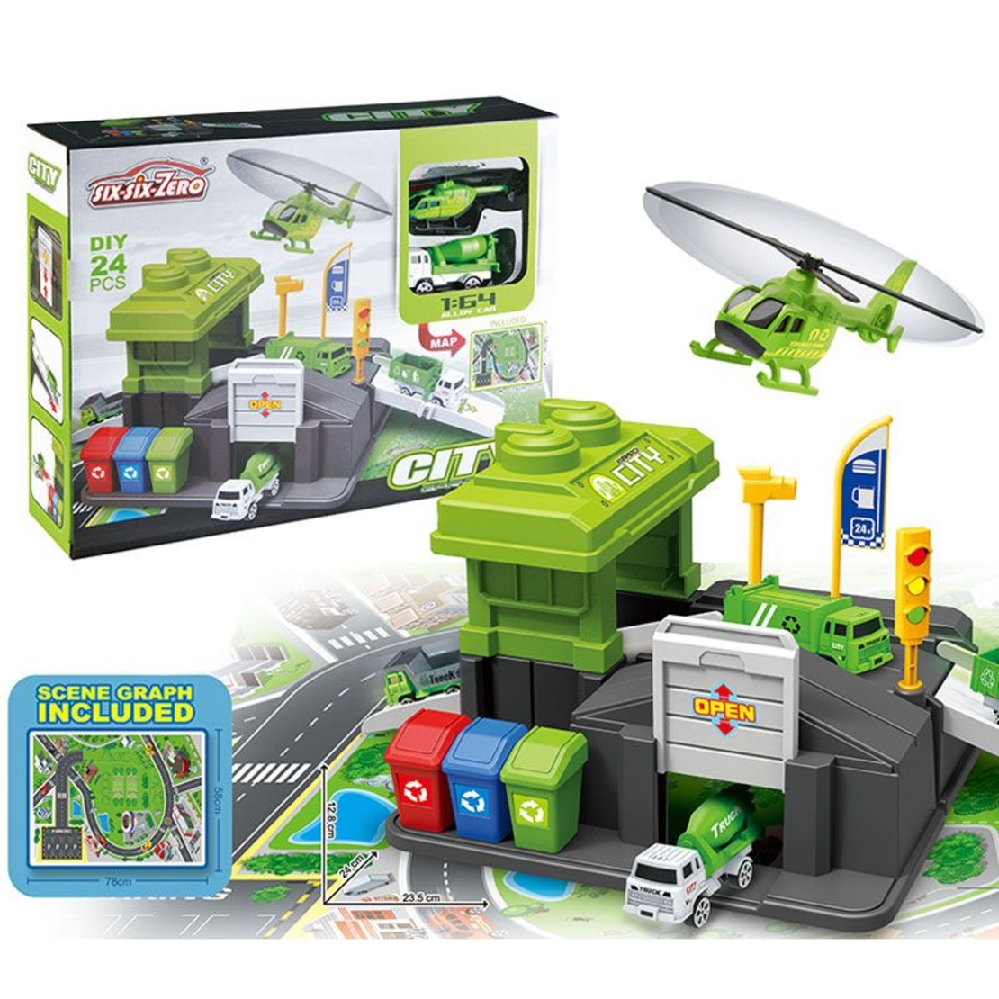 Детски паркинг и килимче за игра Raya Toys с камионче и хеликоптер