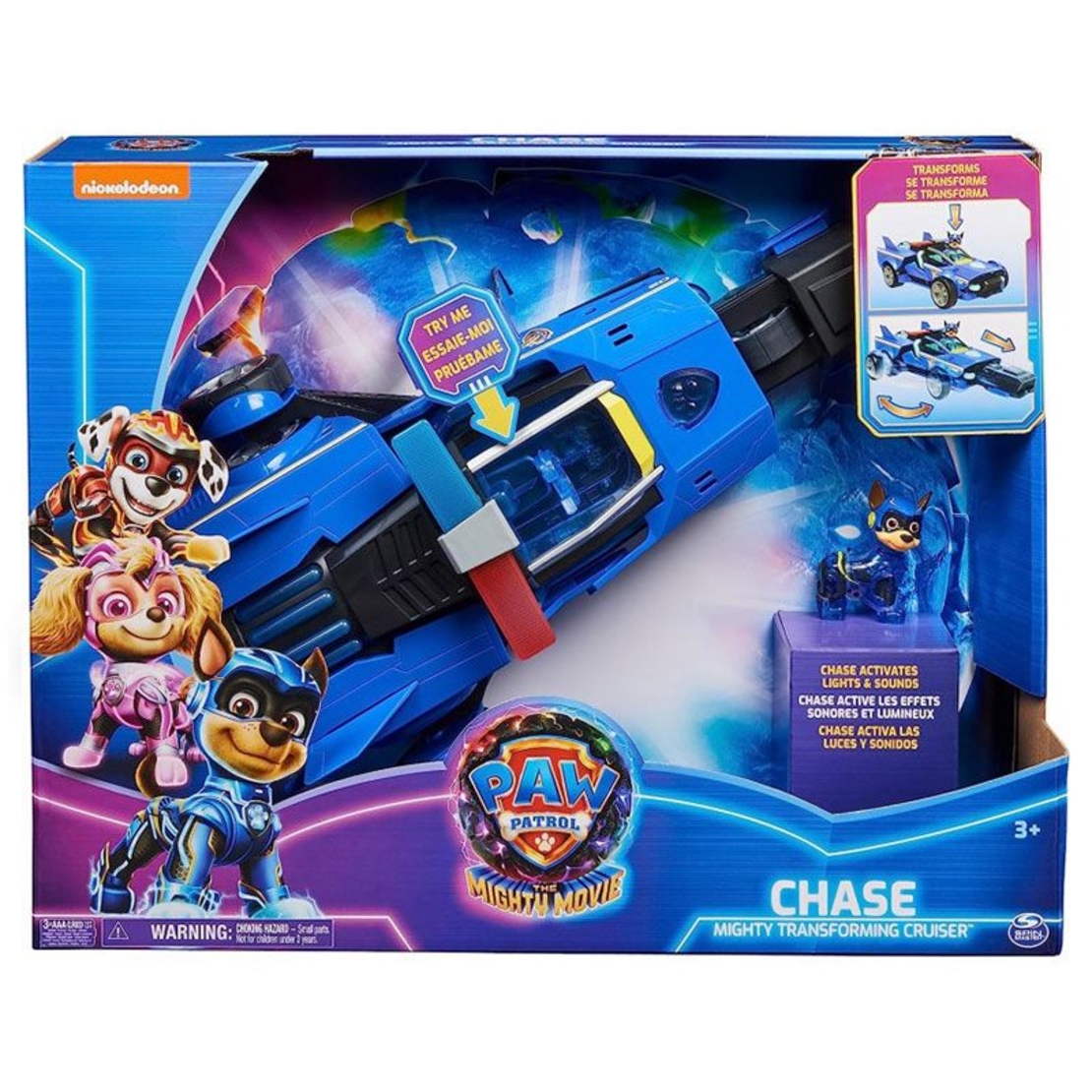 Игрален комплект Spin Master Paw Patrol: The Mighty Movie, Трансформираща се кола с фигурка Чейс, със звуци и светлини