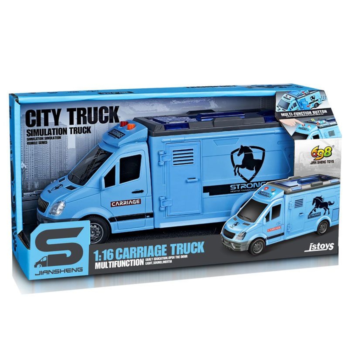 Детски камион за коне Raya Toys City Truck, с музика и светлини, с фигурка на кон, 1:16