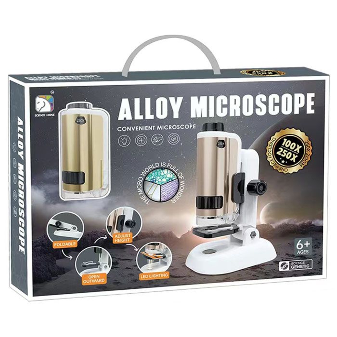 Детски микроскоп Raya Toys Метален, със светлина, с аксесоари, увеличение от 100 до 250 пъти