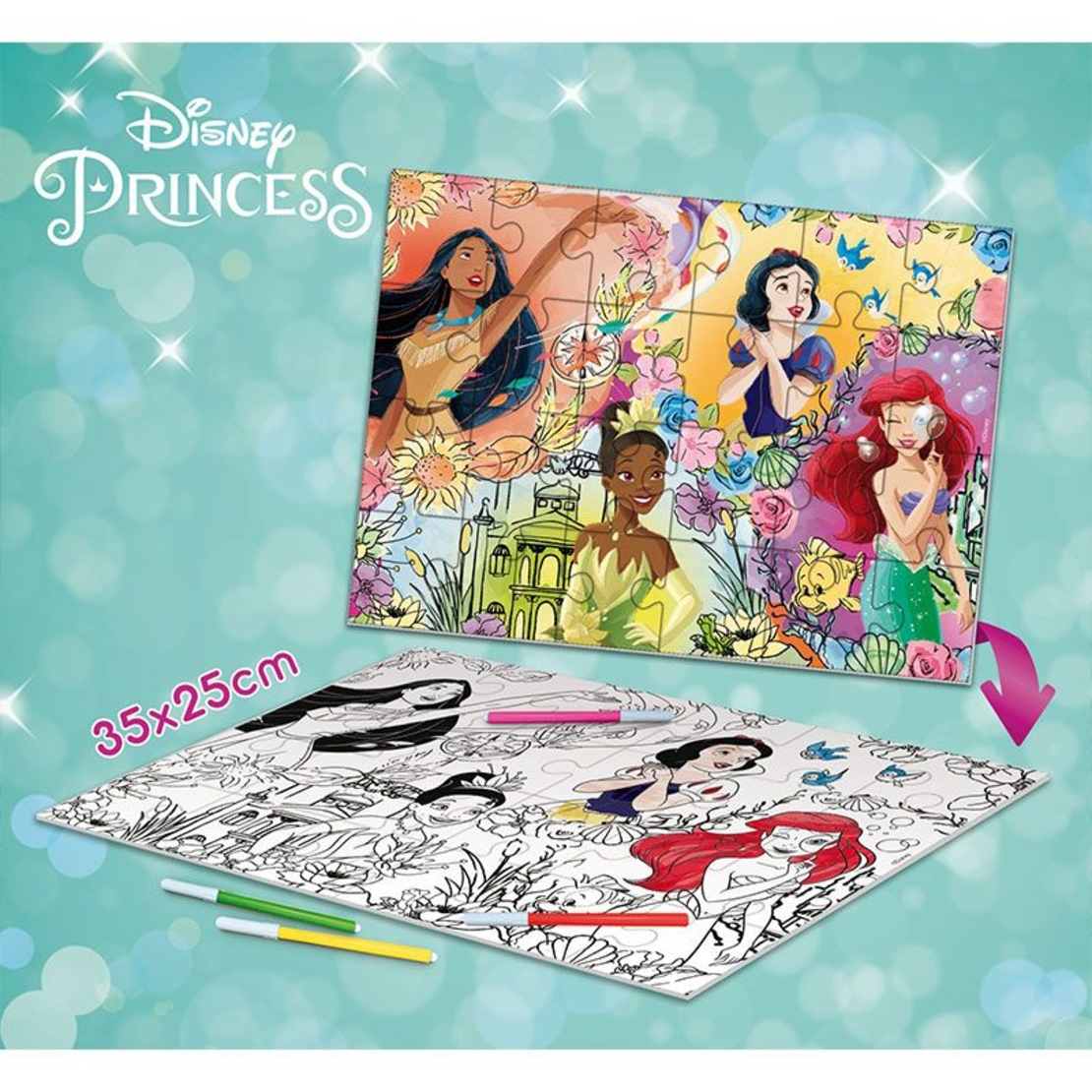 Детски пъзел Lisciani Disney Princess, двулицев за оцветяване 24 части
