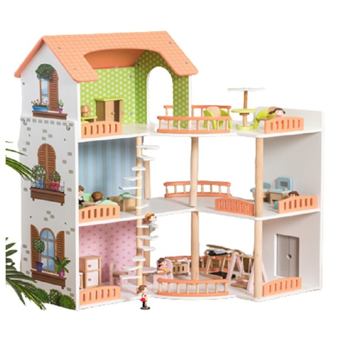 Дървена къща за кукли Raya Toys Вила с 3 етажа, с аксесоари