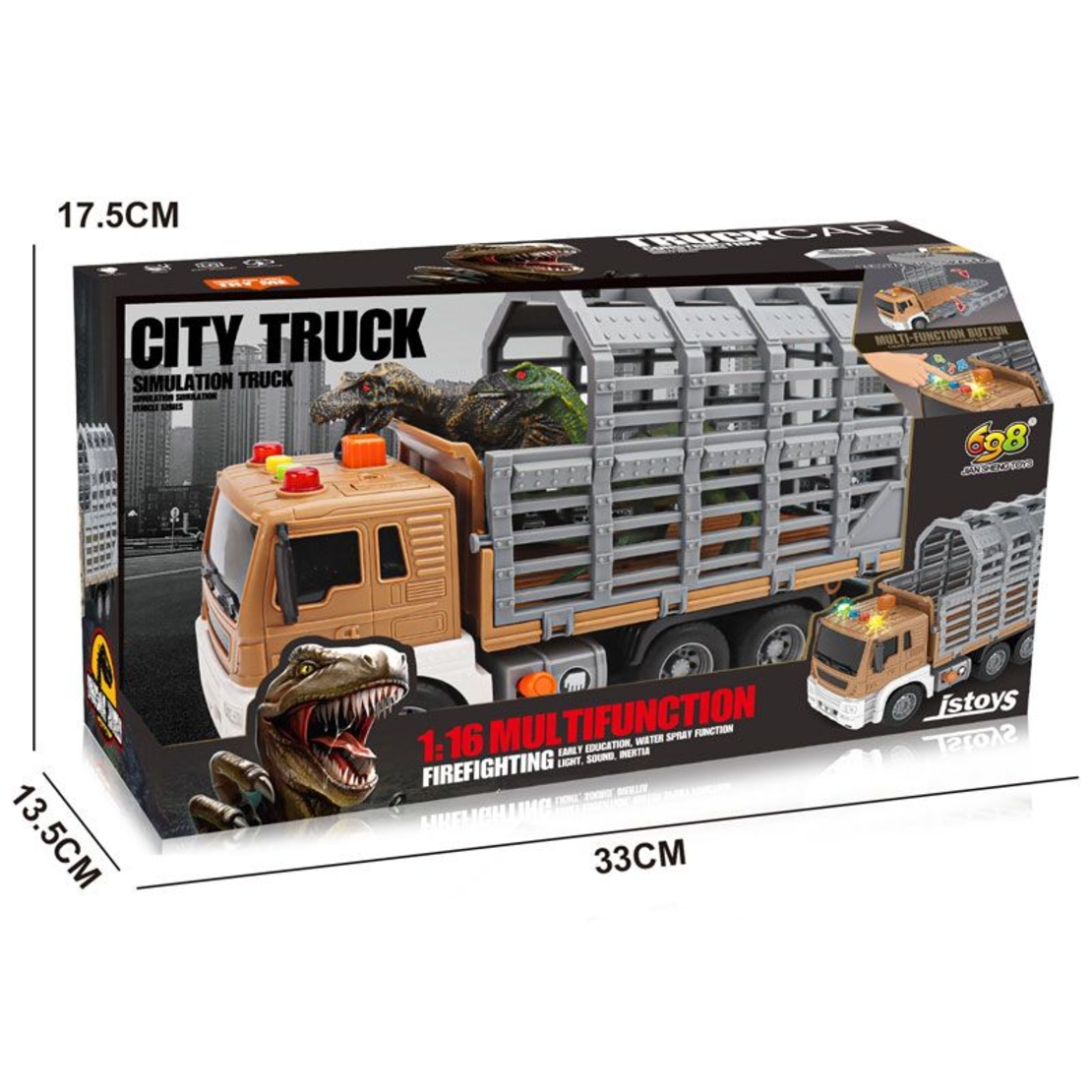 Игрален комплект Raya Toys Truck Car Детски камион с фигури на динозаври, с музика и светлини, 1:16