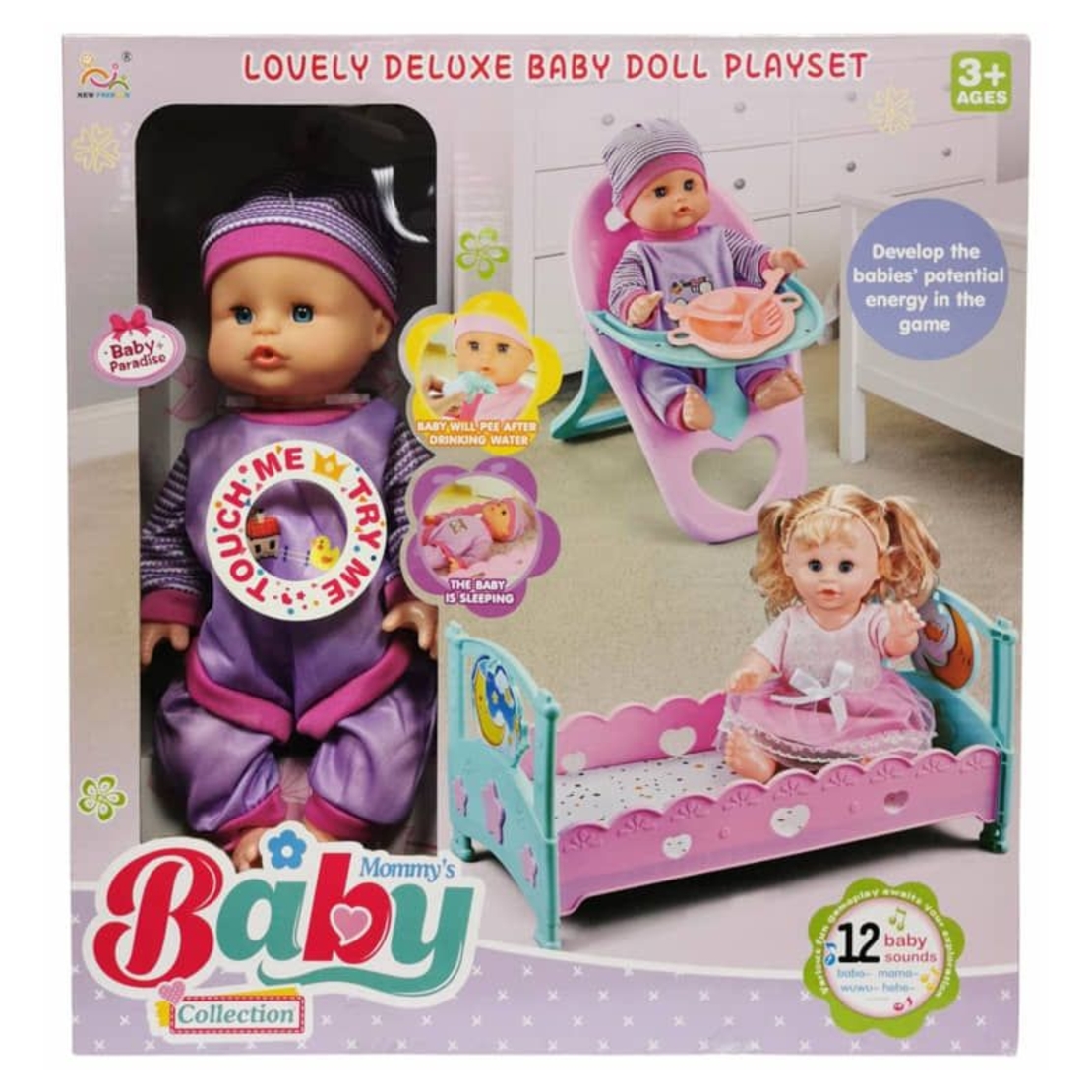 Кукла бебе Raya Toys Mommy's Baby Collection, с легло и стол за хранене, 33 см.