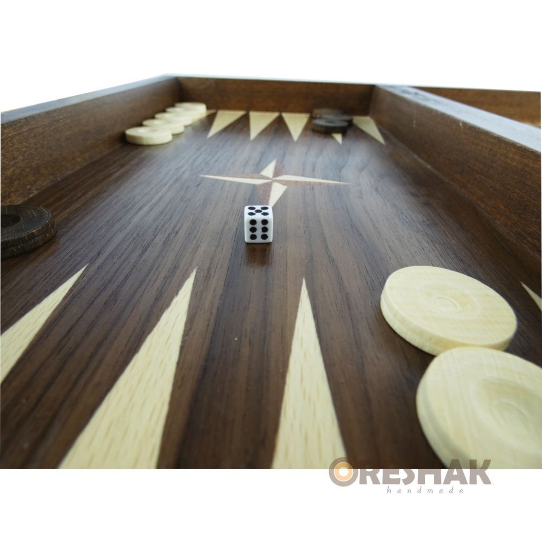 Комплект шах и табла с естествен фурнир тъмен орех и бук 34 см