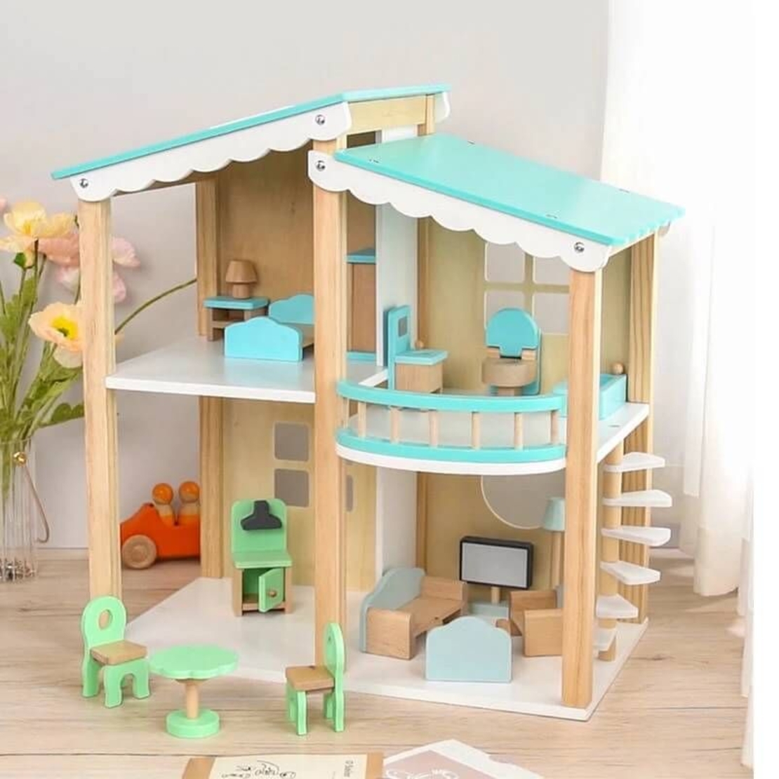 Дървена къща за кукли Raya Toys Син