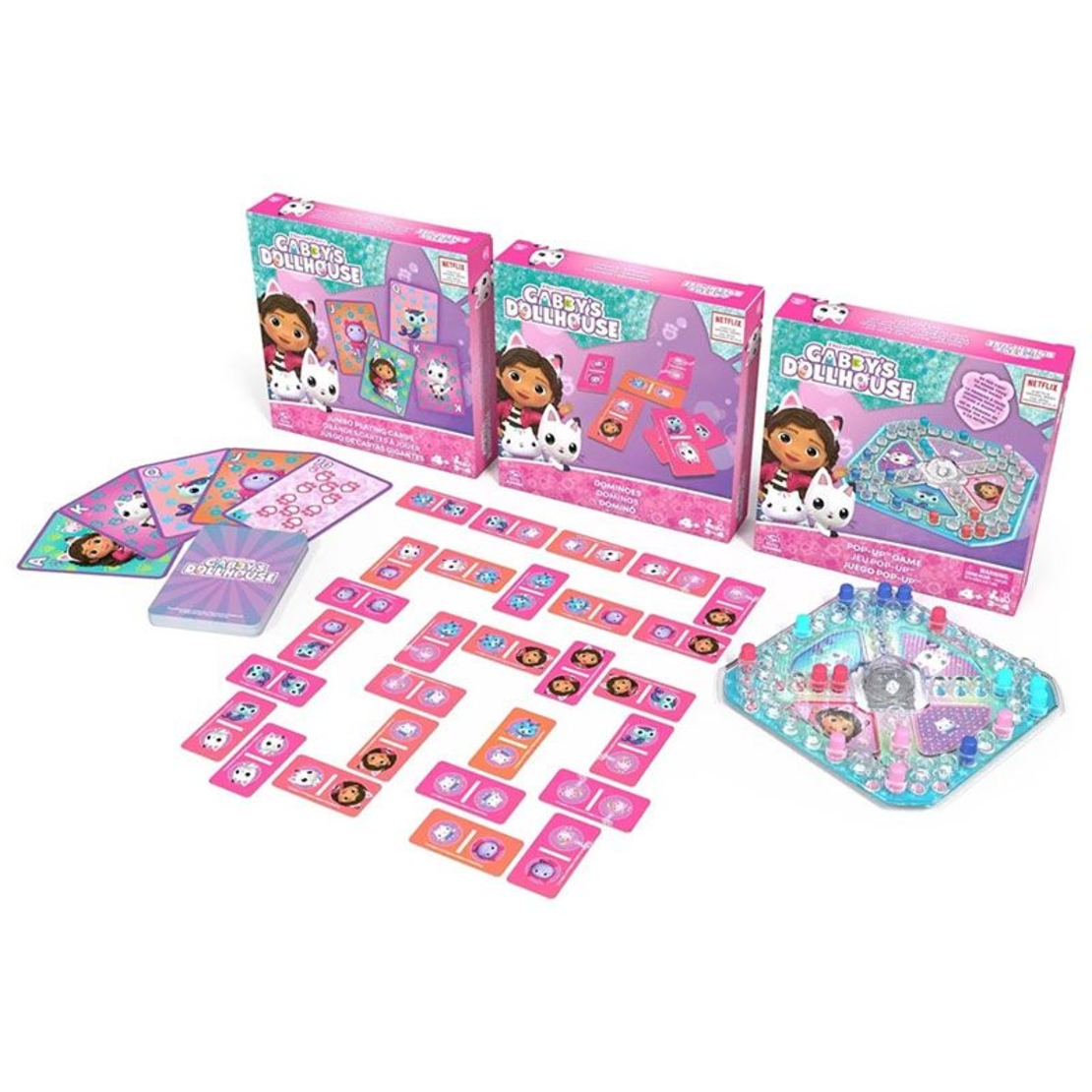 Комплект настолни игри Spin Master Gabby’s Dollhouse Не се сърди човече, Домино, Карти