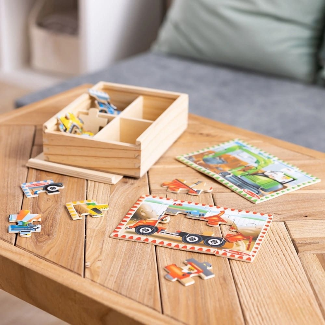 Комплект дървен пъзел Melissa and Doug Строителни превозни средства, 4x12 ч., в кутия, 50210