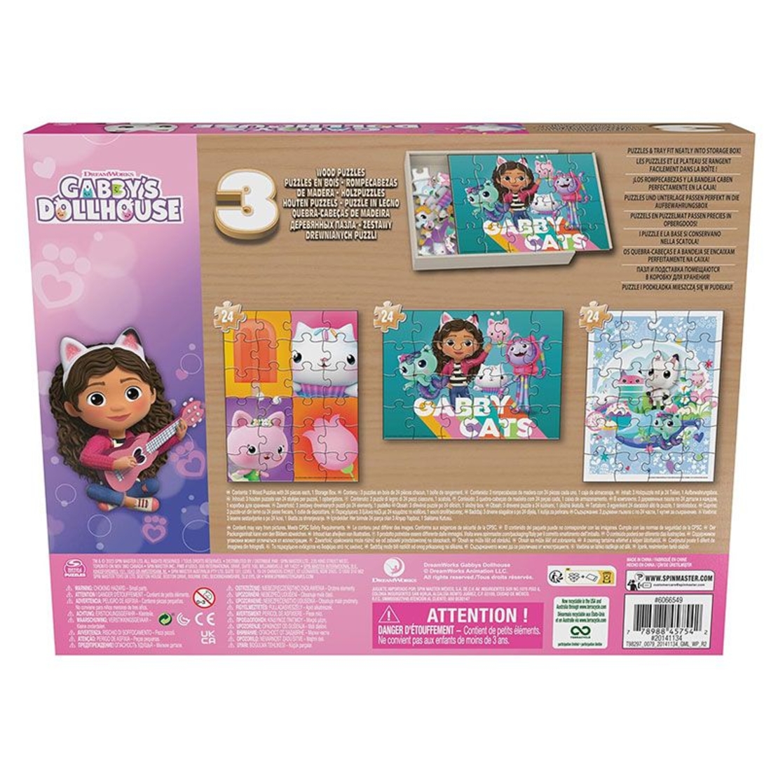 Комплект детски дървени пъзели Spin Master Gabby`s Dollhouse, с кутия, 3 броя, 72 ч.