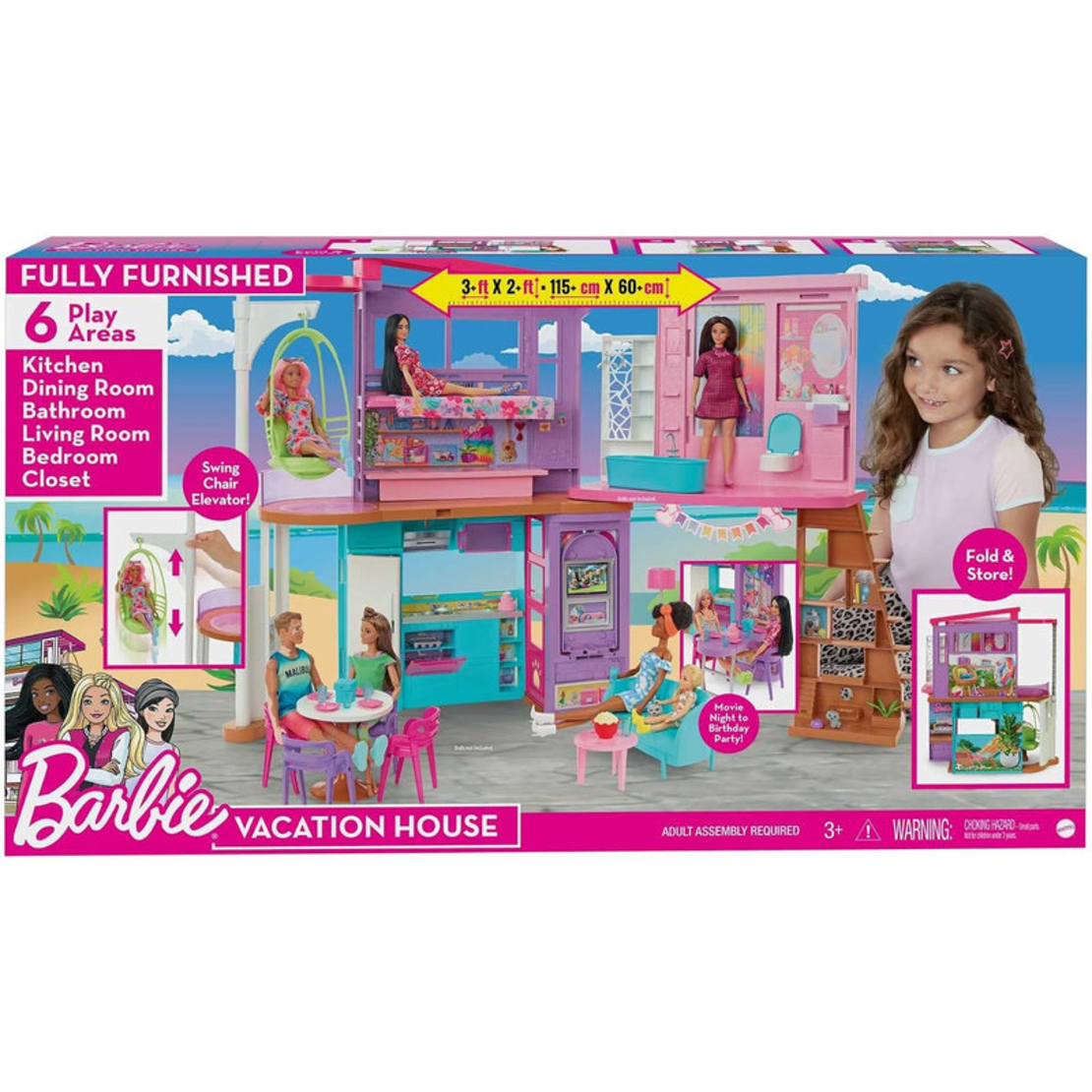 Къща за кукли Mattel Barbie Holiday House, на 2 етажа, 30+ части, HCD50
