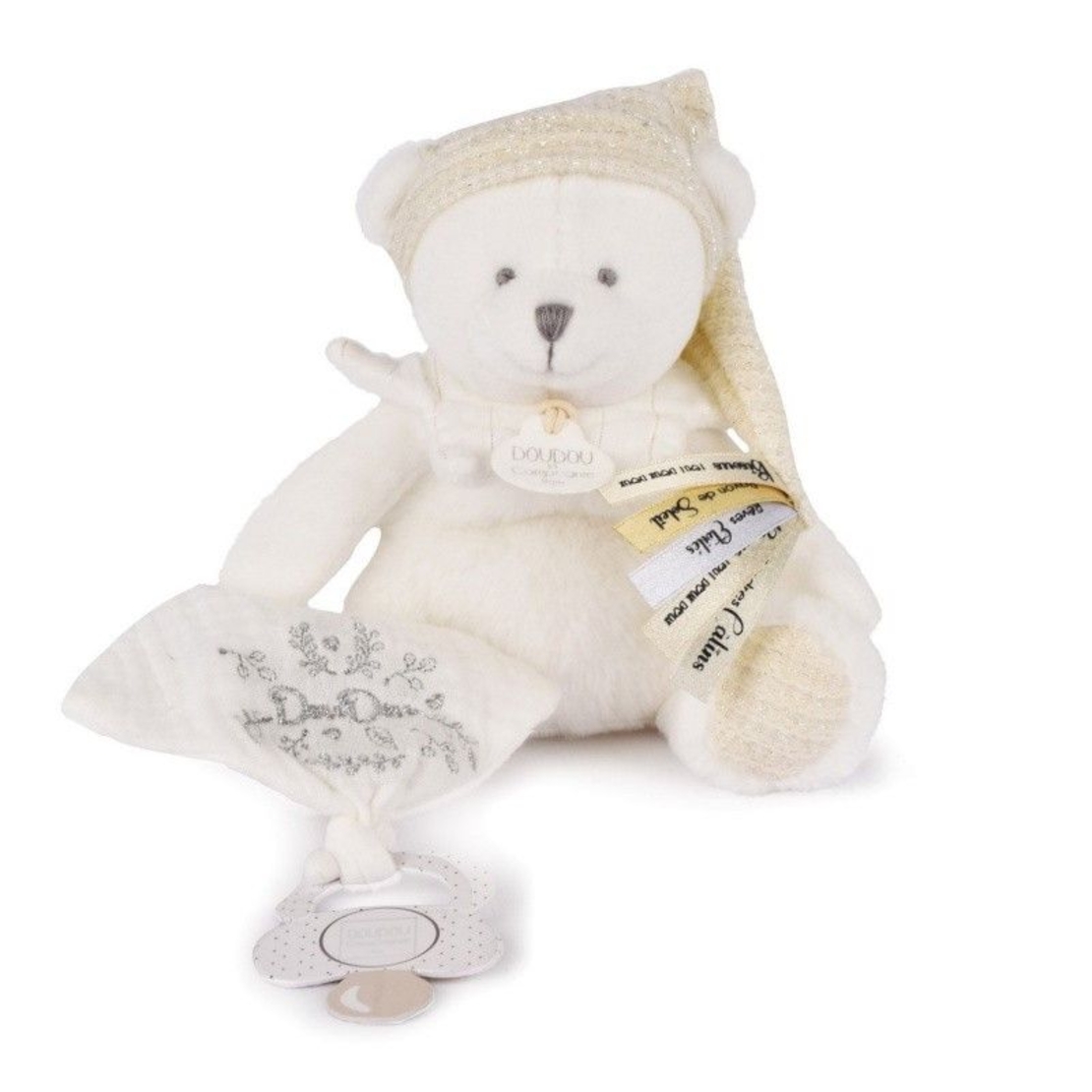 Плюшено мече Doudou Argent с кърпа и клипс за залъгалка 20 см, DC4340