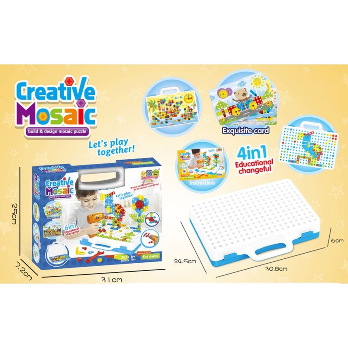 Детска мозайка Raya Toys с винтоверт, шаблони, куфарче и инструменти, 263 части