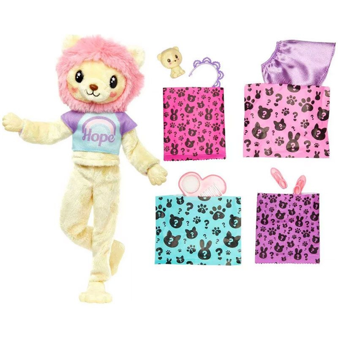 Кукла Mattel Barbie Cutie Reveal Cozy Cute Tees Series, с костюм на животинче и аксесоари, Лъвче