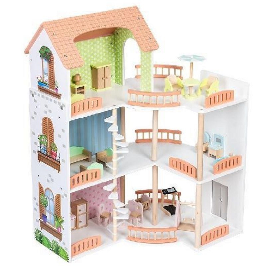 Дървена къща за кукли Raya Toys Вила с 3 етажа, с аксесоари