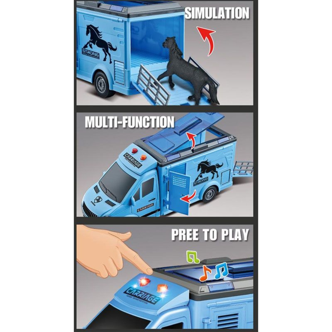 Детски камион за коне Raya Toys City Truck, с музика и светлини, с фигурка на кон, 1:16