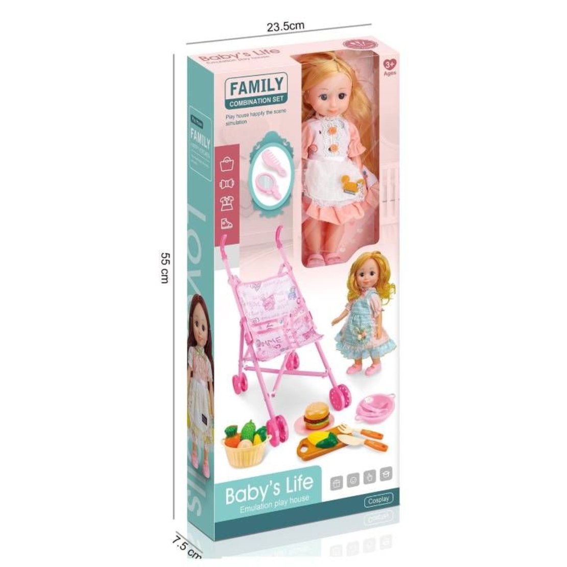 Кукла с количка Raya Toys с аксесоари, 12 части